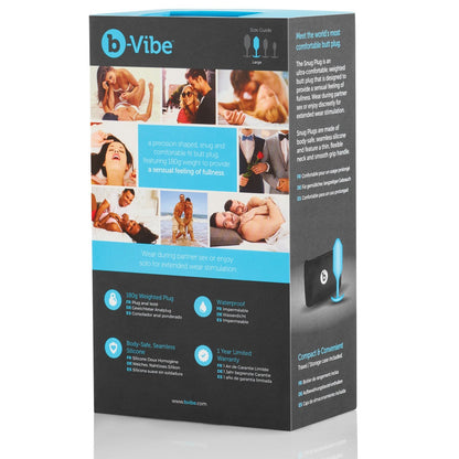 The b-Vibe Snug Plug 3 packaging highlights its weighted design, body-safe and waterproof features, includes a size guide, and offers detailed usage instructions on the back for a secure experience.