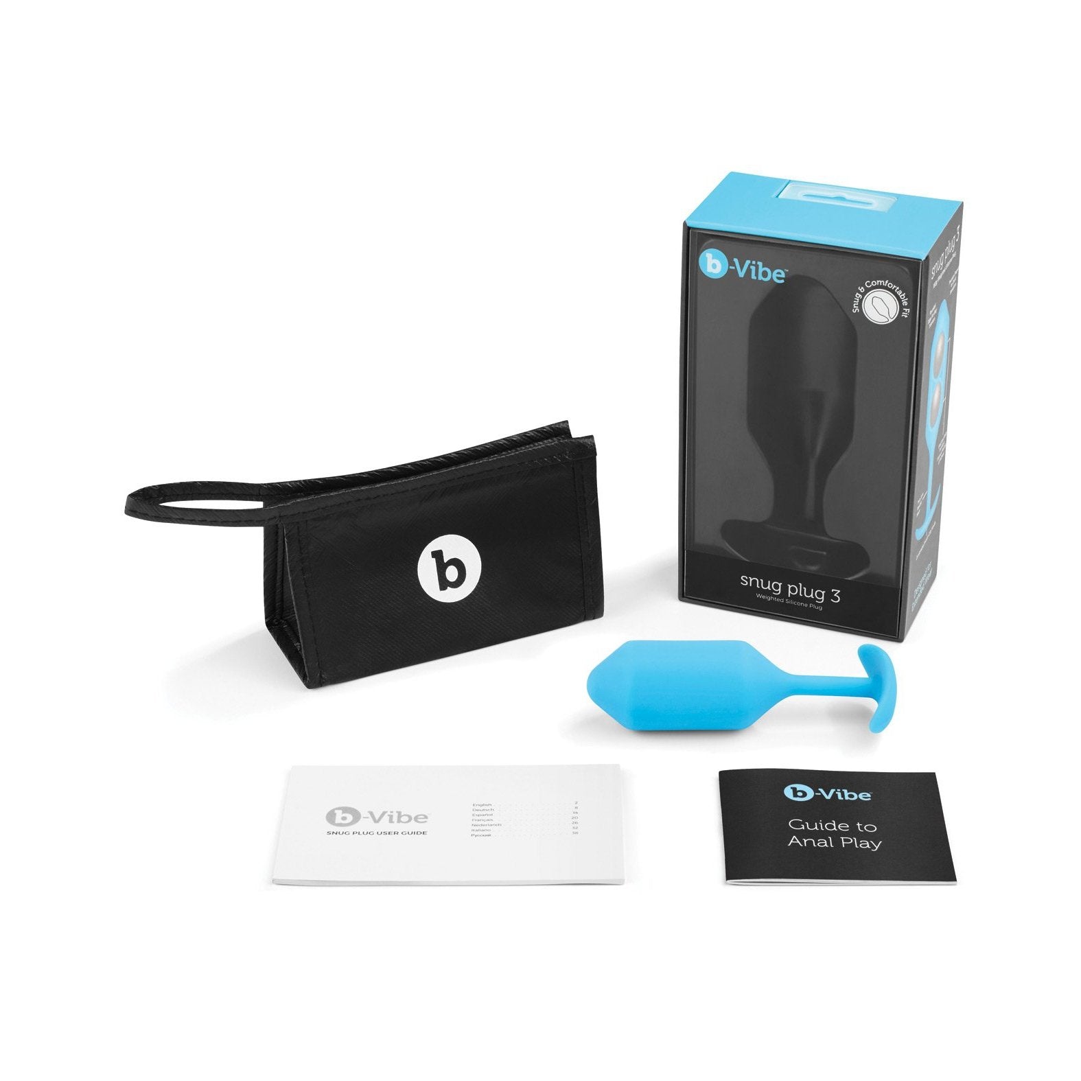 A teal b-Vibe Snug Plug 3, known for its weighted design and body-safe materials, is showcased on a white surface with packaging, a black storage pouch, an instruction manual, and an anal play guide for safe and comfortable use.