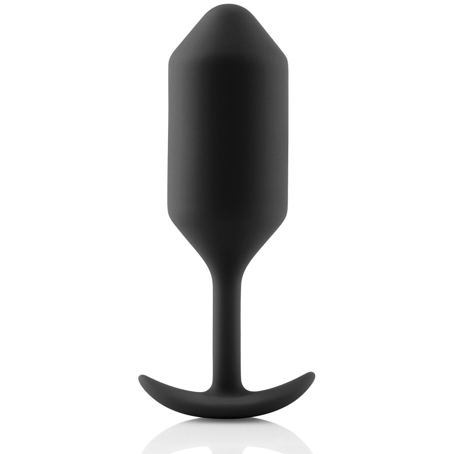 The b-Vibe Snug Plug 3 is a black silicone plug with a weighted, smooth, tapered design. It has a narrow neck and T-shaped base for easy grip, offering body-safe comfort for prolonged wear.