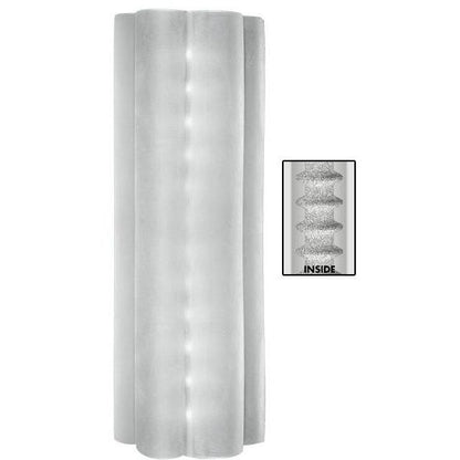 A tall, white, cylindrical object with a wavy surface resembling a decorative column crafted from UR3 material represents the Balls Deep The Bad Ass 9 Ass Stroker by Doc Johnson. An inset labeled INSIDE highlights its textured grooves and patterns up close.