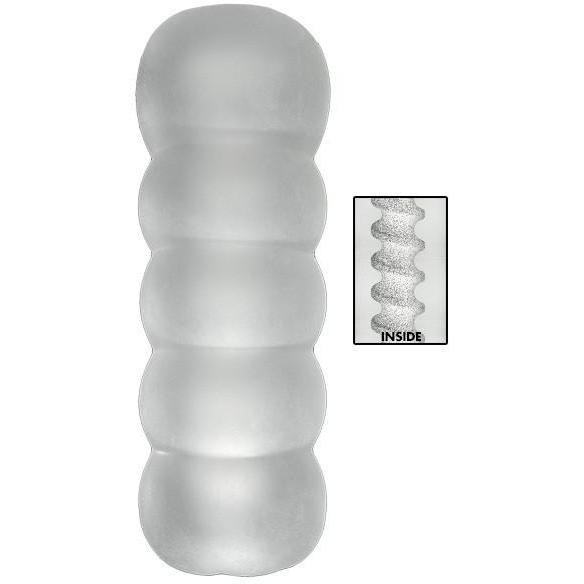 The Balls Deep The Bad Ass 9 Ass Stroker by Doc Johnson is a translucent, cylindrical UR3 object with five rounded sections stacked vertically, featuring an inset that shows a textured interior with a wavy pattern.