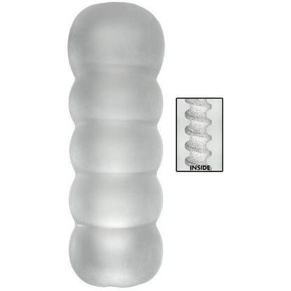 The Balls Deep The Bad Ass 9 Ass Stroker by Doc Johnson is a translucent, cylindrical UR3 object with five rounded sections stacked vertically, featuring an inset that shows a textured interior with a wavy pattern.