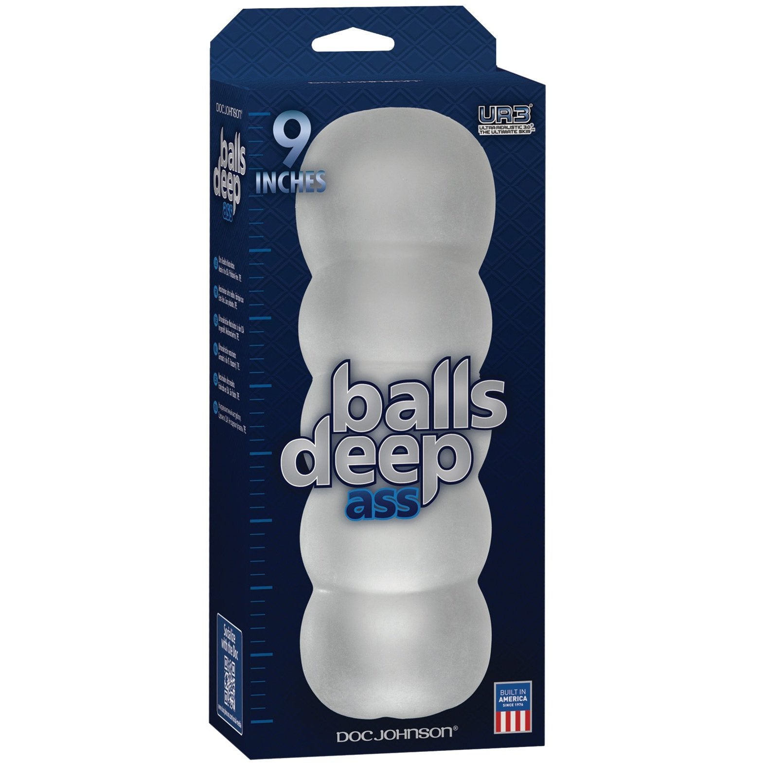 Doc Johnsons Balls Deep The Bad Ass 9\ Ass Stroker blue box features 9 inches in bold white and grey text. Made from UR3 material with interconnected spheres, it proudly showcases its Made in the USA quality.