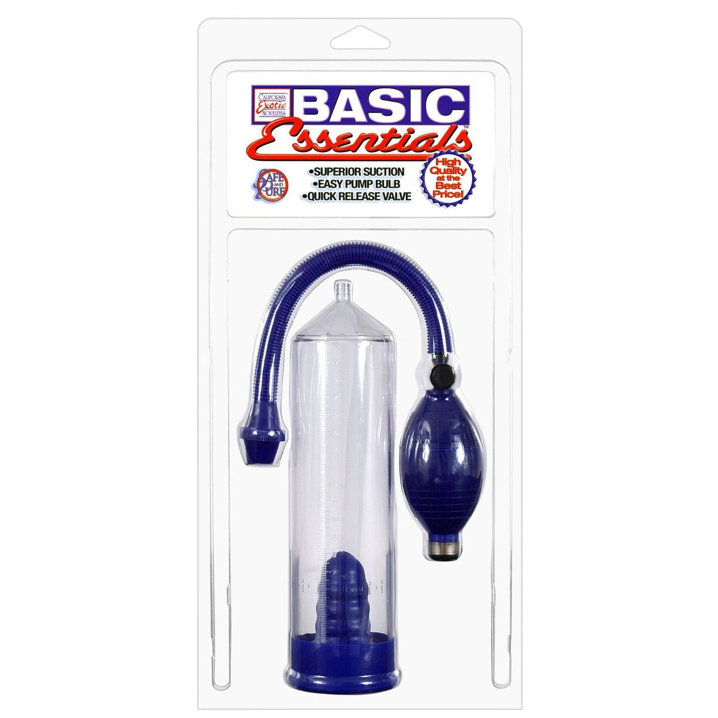 The California Exotic Novelties Basic Essentials Pump offers superior suction with a clear cylinder and blue base, featuring a flexible tube, squeeze bulb, and quick release valve for easy use.