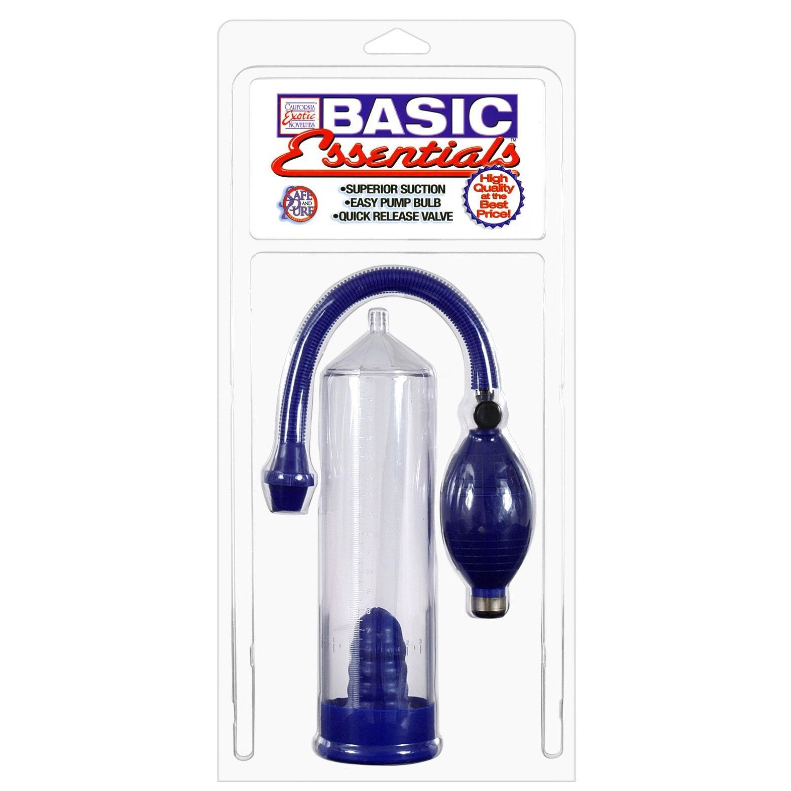 The California Exotic Novelties Basic Essentials Pump offers superior suction with a clear cylinder and blue base, featuring a flexible tube, squeeze bulb, and quick release valve for easy use.