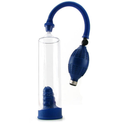 The California Exotic Novelties Basic Essentials Pump is a transparent cylinder with blue accents, featuring a flexible hose and textured hand pump for easy use. Its sturdy plastic base provides durability and grip.