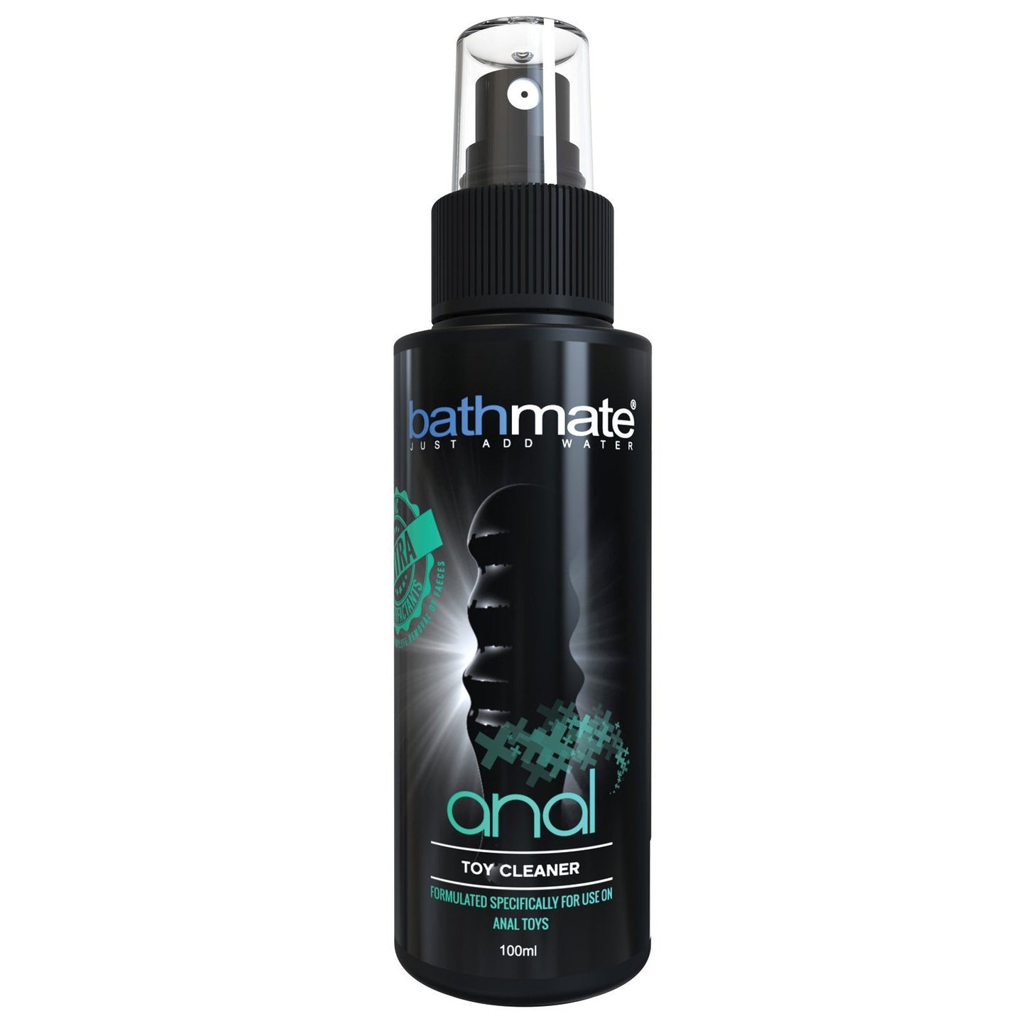 The Bathmate Anal Toy Cleaner features a spray nozzle and is specifically formulated for anal toys. Its an antibacterial solution in a 100ml black bottle, with white and teal label accents, ensuring optimal hygiene.