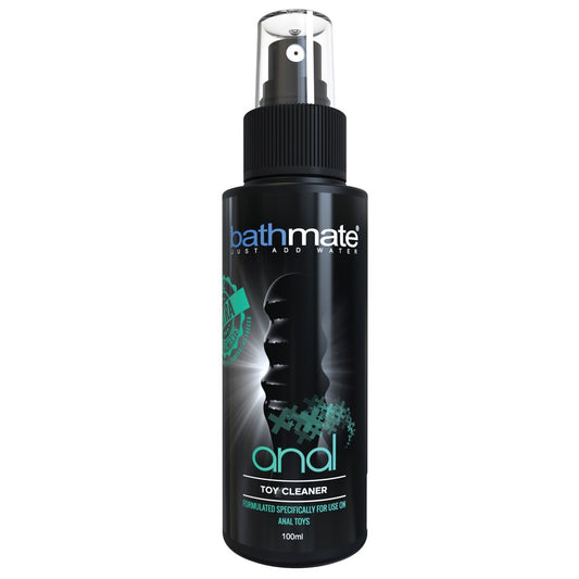The Bathmate Anal Toy Cleaner features a spray nozzle and is specifically formulated for anal toys. Its an antibacterial solution in a 100ml black bottle, with white and teal label accents, ensuring optimal hygiene.