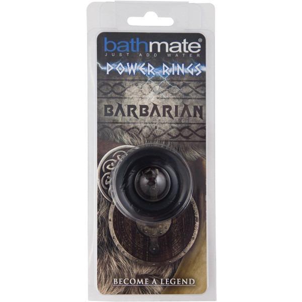 Adams Toy Box presents the Bathmate Barbarian Cock Ring, featuring shield motifs and Become a Legend text, emphasizing its flexible rubber for long-lasting erections.