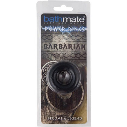 Adams Toy Box presents the Bathmate Barbarian Cock Ring, featuring shield motifs and Become a Legend text, emphasizing its flexible rubber for long-lasting erections.