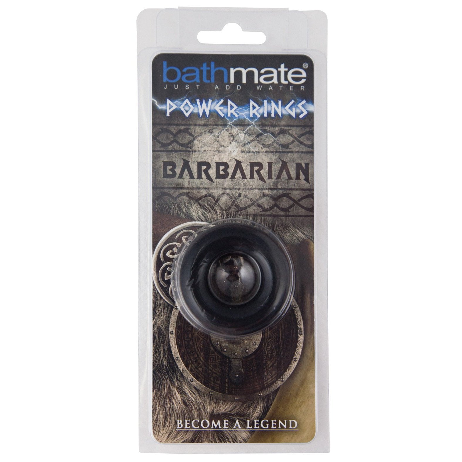 The Bathmate Barbarian Cock Ring package by Adams Toy Box displays a medieval-themed design with shields and fur, featuring the tagline Become a Legend. Inside is a ring made from flexible rubber material for long-lasting erections.