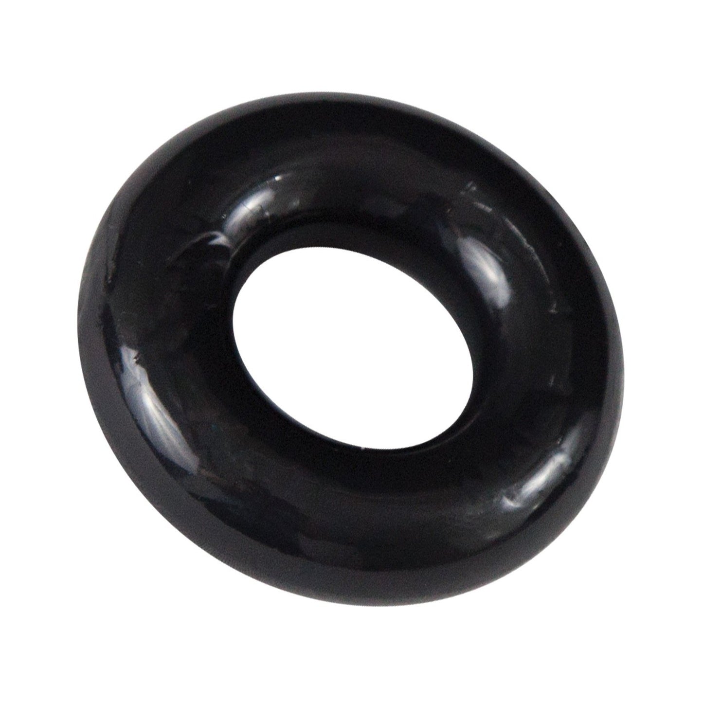 A shiny black ring-shaped object, resembling the Bathmate Barbarian Cock Ring by Adams Toy Box, made of flexible rubber with a smooth surface and a circular hole in the center, floats against a white background promising durability and long-lasting erections.
