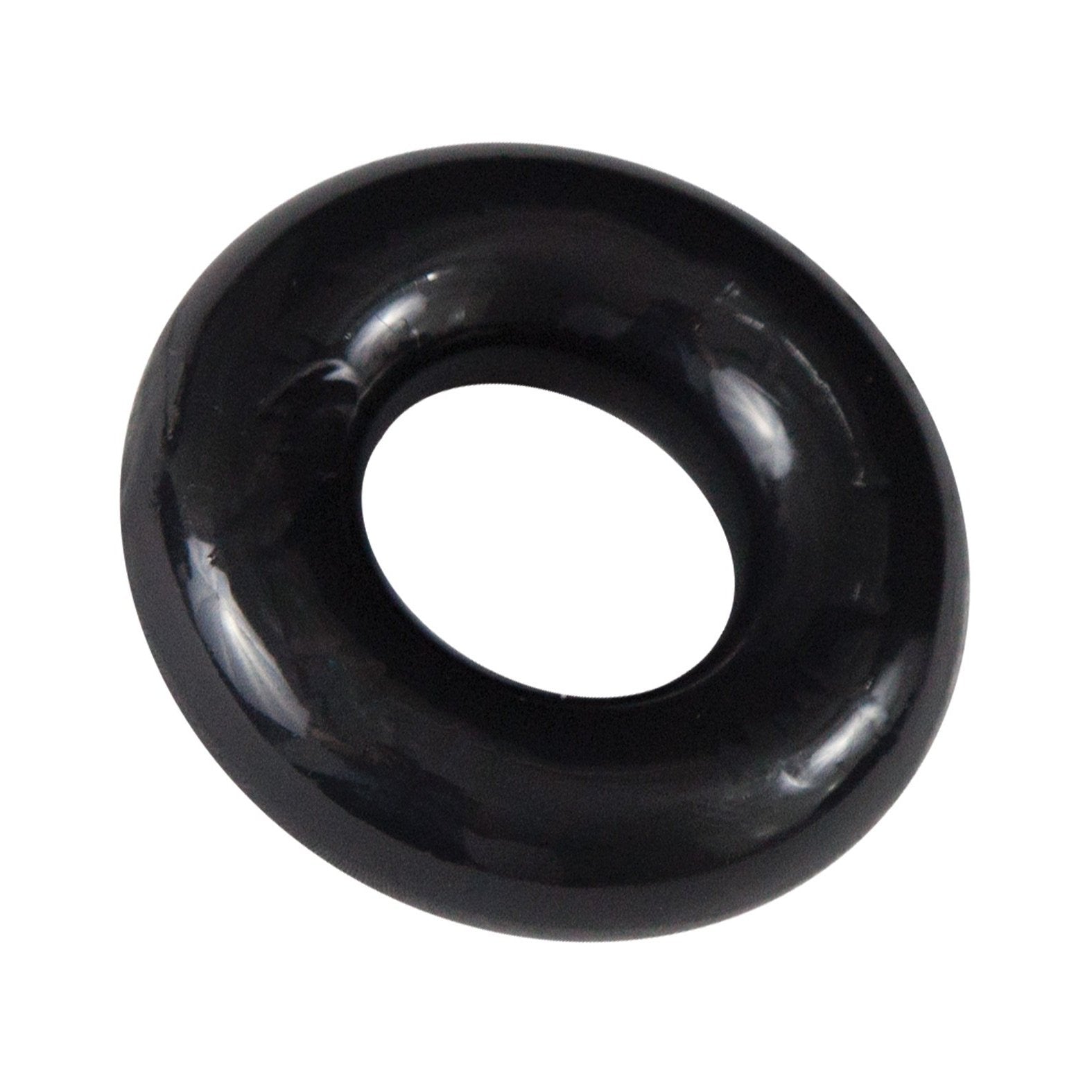 A shiny black ring-shaped object, resembling the Bathmate Barbarian Cock Ring by Adams Toy Box, made of flexible rubber with a smooth surface and a circular hole in the center, floats against a white background promising durability and long-lasting erections.