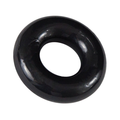 A shiny black ring-shaped object, resembling the Bathmate Barbarian Cock Ring by Adams Toy Box, made of flexible rubber with a smooth surface and a circular hole in the center, floats against a white background promising durability and long-lasting erections.