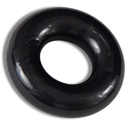 Against a white backdrop, the glossy Bathmate Barbarian Cock Ring by Adams Toy Box, shaped like a black donut, floats and casts a soft shadow. Its smooth surface and polished look come from its flexible rubber material.