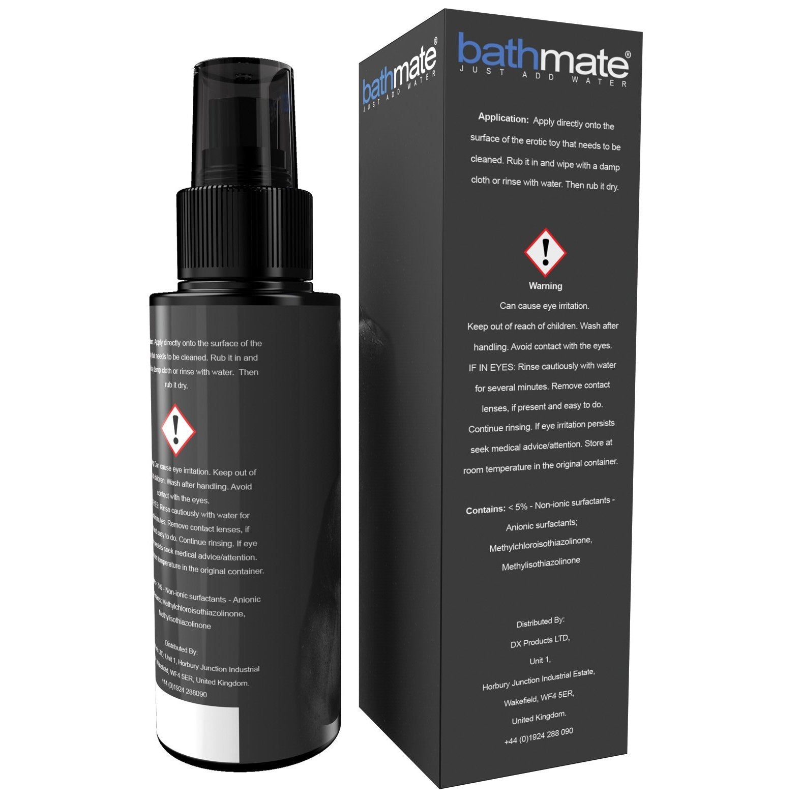 The Bathmate Clean Misting Toy Cleaner from Adams Toy Box, packaged in a black bottle with a pump spray, is next to its branded black rectangular box featuring usage instructions and a warning label. Both highlight that the cleaner is paraben-free, with details also on the smaller bottle label.