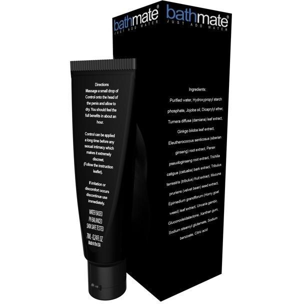An image of Bathmate Control Prolong Your Pleasure by Adams Toy Box features sleek black tube and box packaging. The tube includes usage directions and desensitizing ingredients, while the box displays the Bathmate logo and Just Add Water slogan, perfect for those wanting to extend foreplay.