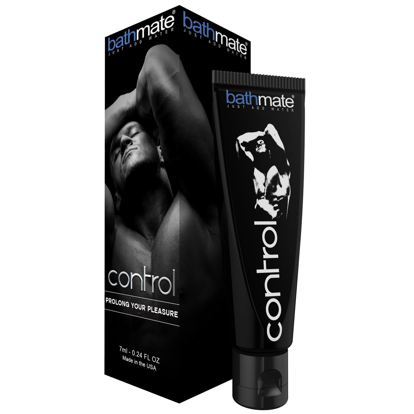 The Bathmate Control Prolong Your Pleasure by Adams Toy Box features a black tube and box with a man pictured with arms behind his head on the packaging. The text reads Prolong Your Pleasure, emphasizing this 7 ml (0.24 FL OZ) cream designed to desensitize the penis and extend foreplay.