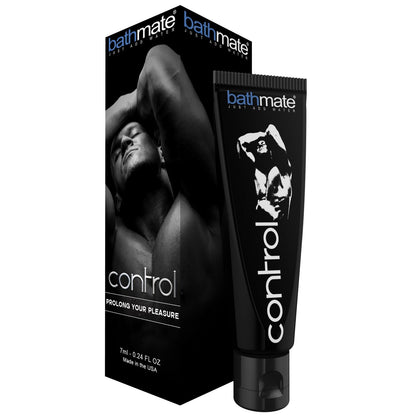 The Bathmate Control Prolong Your Pleasure by Adams Toy Box features a black tube and box with a man pictured with arms behind his head on the packaging. The text reads Prolong Your Pleasure, emphasizing this 7 ml (0.24 FL OZ) cream designed to desensitize the penis and extend foreplay.