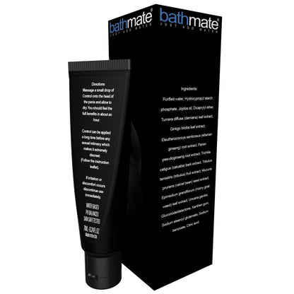 A tube of Bathmate Control Prolong Your Pleasure cream by Adams Toy Box sits in front of its branded box. The tube displays instructions and ingredients, while the sleek design with white text on a dark background suggests enhanced foreplay duration.