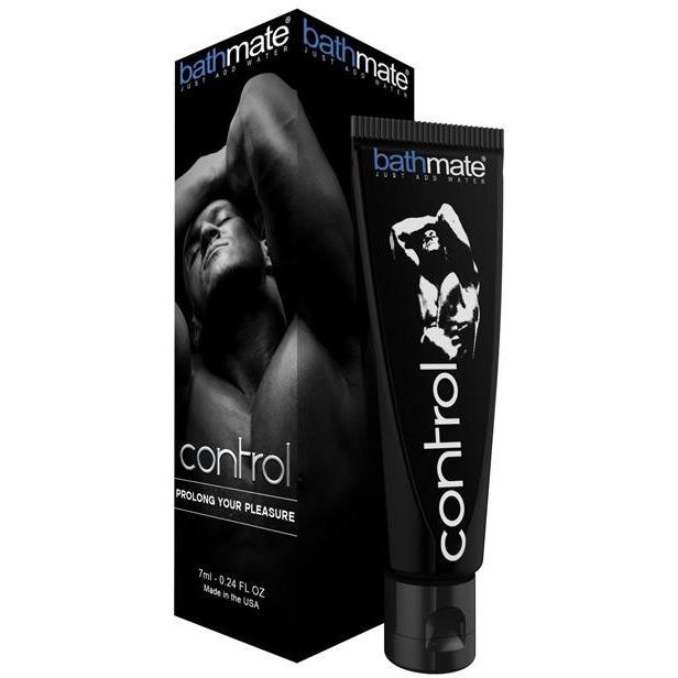 The image features a black tube of Bathmate Control Prolong Your Pleasure gel from Adams Toy Box beside its box, with a monochrome figure and the text Prolong Your Pleasure, indicating its an ejaculation delay cream to desensitize the penis and extend foreplay. Contains 7ml (0.24 fl oz).