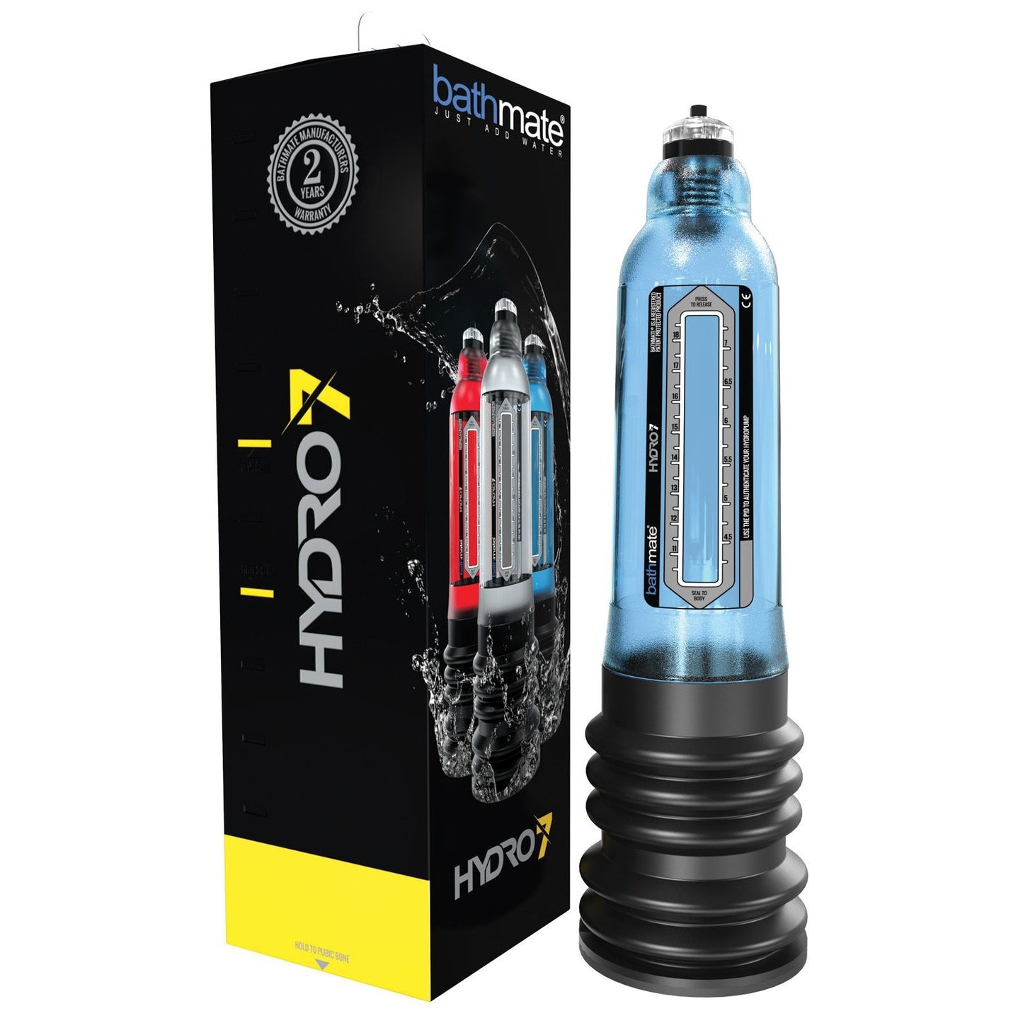 A transparent blue Bathmate Hydro 7 pump is displayed beside its black and yellow packaging, featuring images of the Hydro 7 in red and blue variations, plus a two-year warranty seal.
