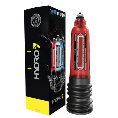 The Bathmate Hydro 7, a hydrotherapy device with a transparent top and flexible black base, is positioned next to its eye-catching black and yellow package. The packaging displays the product, highlighting a measurement scale and a 2-year warranty badge.