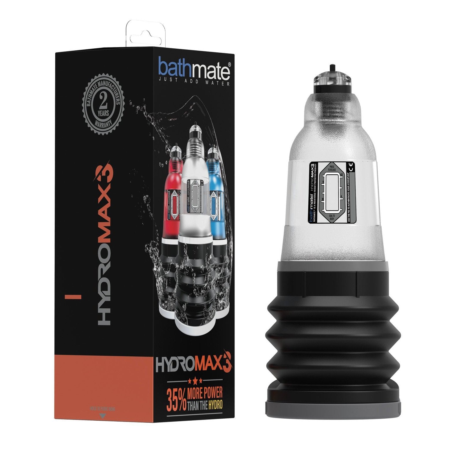 The image shows an Adams Toy Box Bathmate Hydromax 3 in black with a transparent chamber, designed to enhance sexual stamina. Beside it is a product box displaying the micropenis pump in various colors, emphasizing 35% more power and a 2-year warranty.