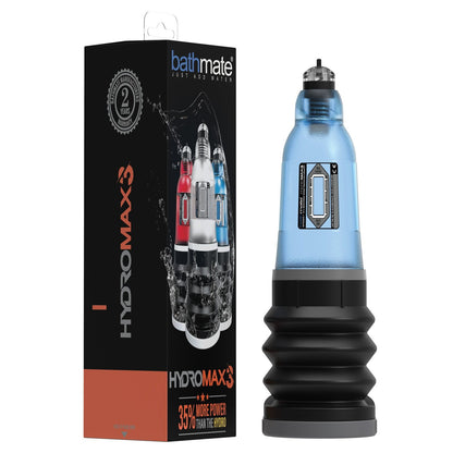 A product image featuring the Bathmate Hydromax 3 micropenis pump by Adams Toy Box, a water-powered device and packaging. The package shows various colors of the device, highlighting 35% more power and its capacity to enhance sexual stamina.