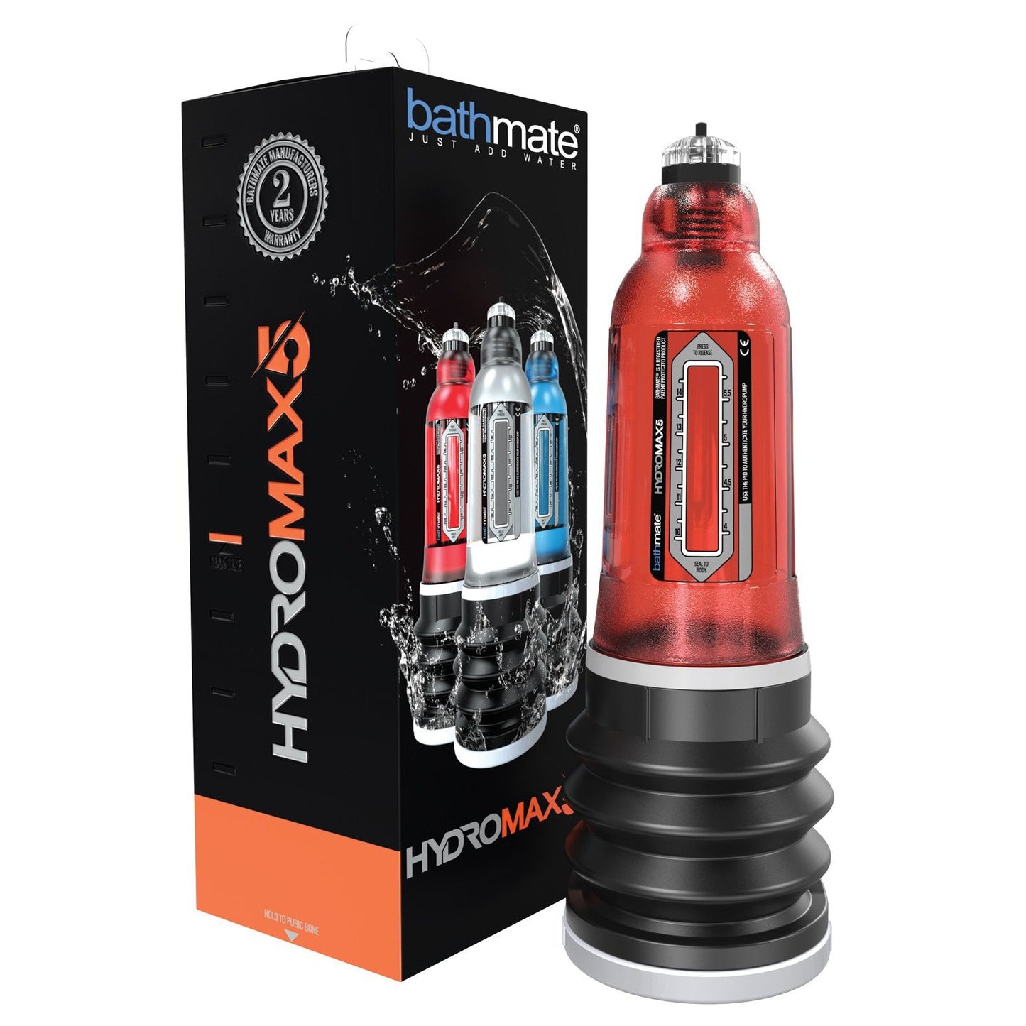 Image of a red Bathmate Hydromax, by Adams Toy Box, next to its packaging. The box highlights the product and various color options. This innovative water pump features a round base and clear chamber for effective penis enlargement using water-based suction technology.