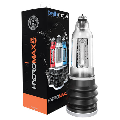 An image of the Bathmate Hydromax5 pump from Adams Toy Box, featuring water-based suction for penis enlargement. The clear device with a black, ribbed base is shown beside its packaging displaying the brand name and images of similar products in various colors.
