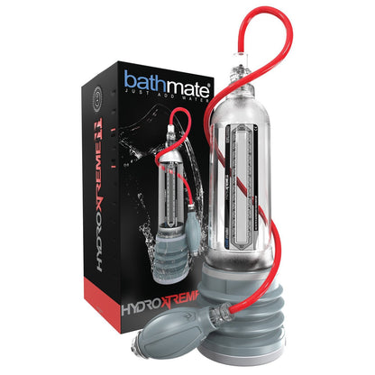 A silver and gray Bathmate Hydromax Xtreme Series water pump, featuring a red hose, is displayed beside its black and red packaging box, highlighting Bathmates commitment to innovative sexual health solutions.
