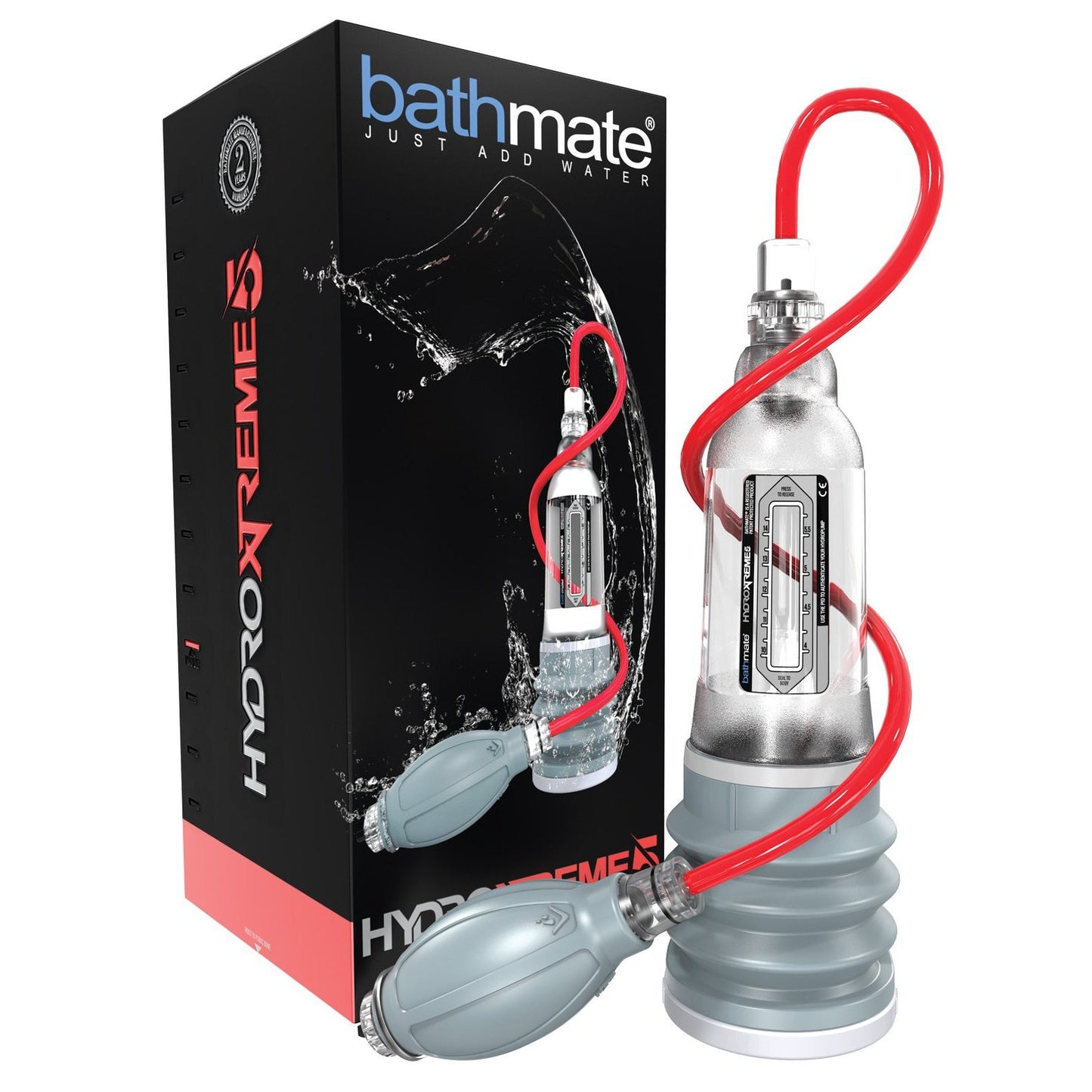 A Bathmate Hydromax Xtreme Series pump with red tubing and a gray valve is shown by its black and red packaging, featuring water droplets that enhance its water-based functionality for sexual health and penis enlargement, similar to the Bathmate Hydromax series.