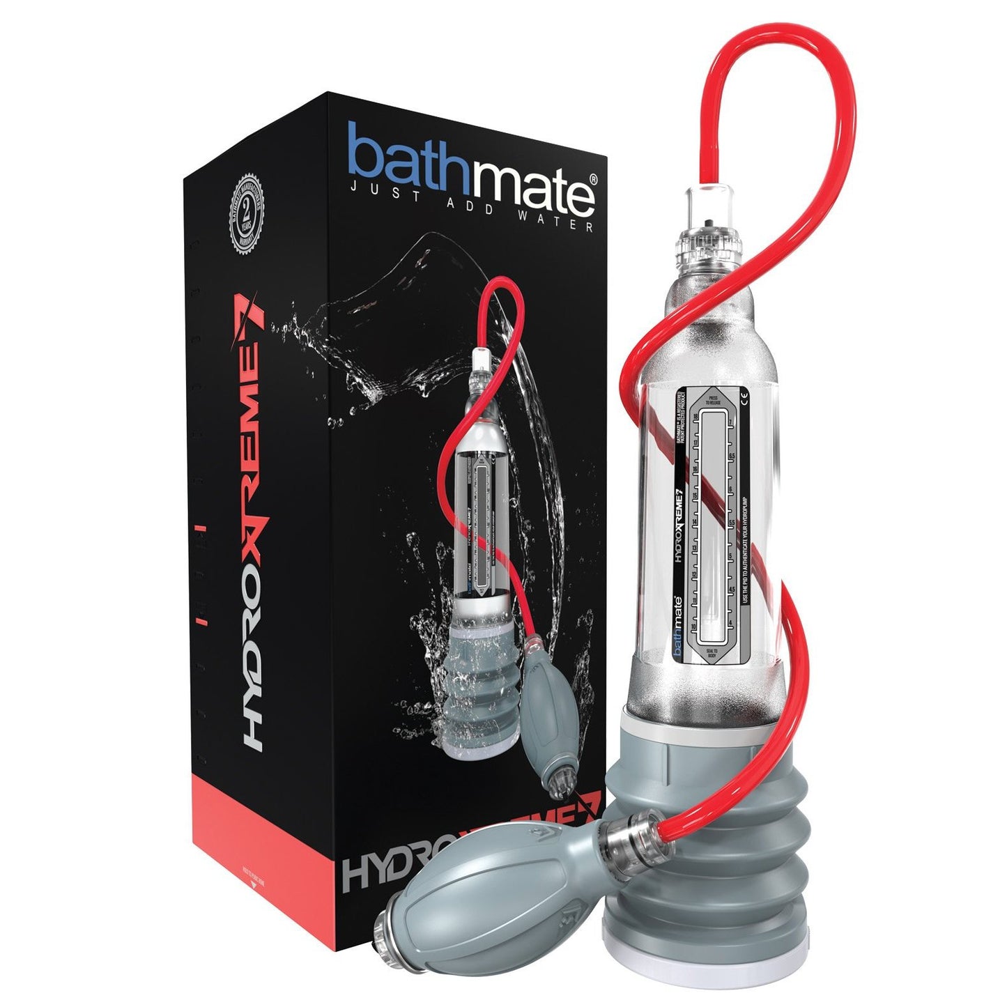 The Bathmate Hydromax Xtreme Series, a key product for sexual health and enhancement, features a red pump with a gray chamber next to its black and red packaging, adorned with water splash graphics and text similar to the Bathmate Hydromax line.