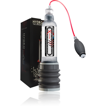 The image shows the Bathmate Hydromax Xtreme Series, a sleek cylindrical device with a red tube and black packaging featuring HYDRO and THE ORIGINAL in white. With gray/black elements and a hand pump, its designed for improved sexual health and penis enlargement.
