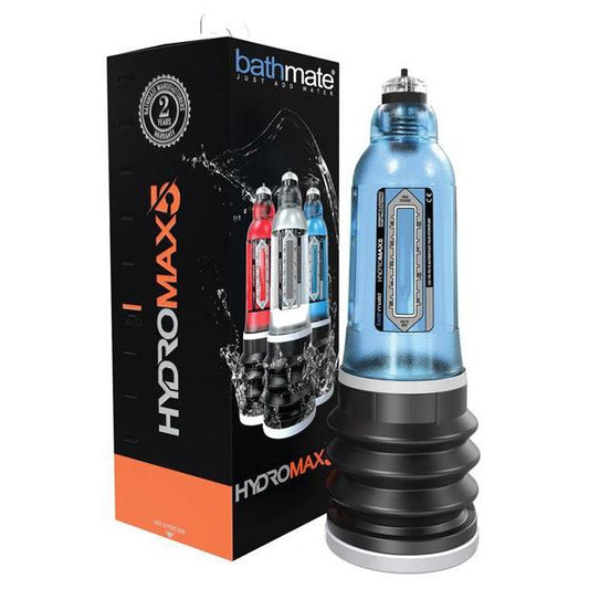 Image of a Bathmate Hydromax water pump from Adams Toy Box with a blue body and black base, set on a tilted background. Next to it, the packaging features images and branding, highlighting its water-based suction for effective penis enlargement solutions.