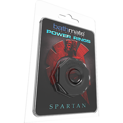The Bathmate Spartan Cock Ring by Adams Toy Box features sleek packaging with a black male ring and a bold red Spartan warrior graphic, highlighting its role in enhancing erections.