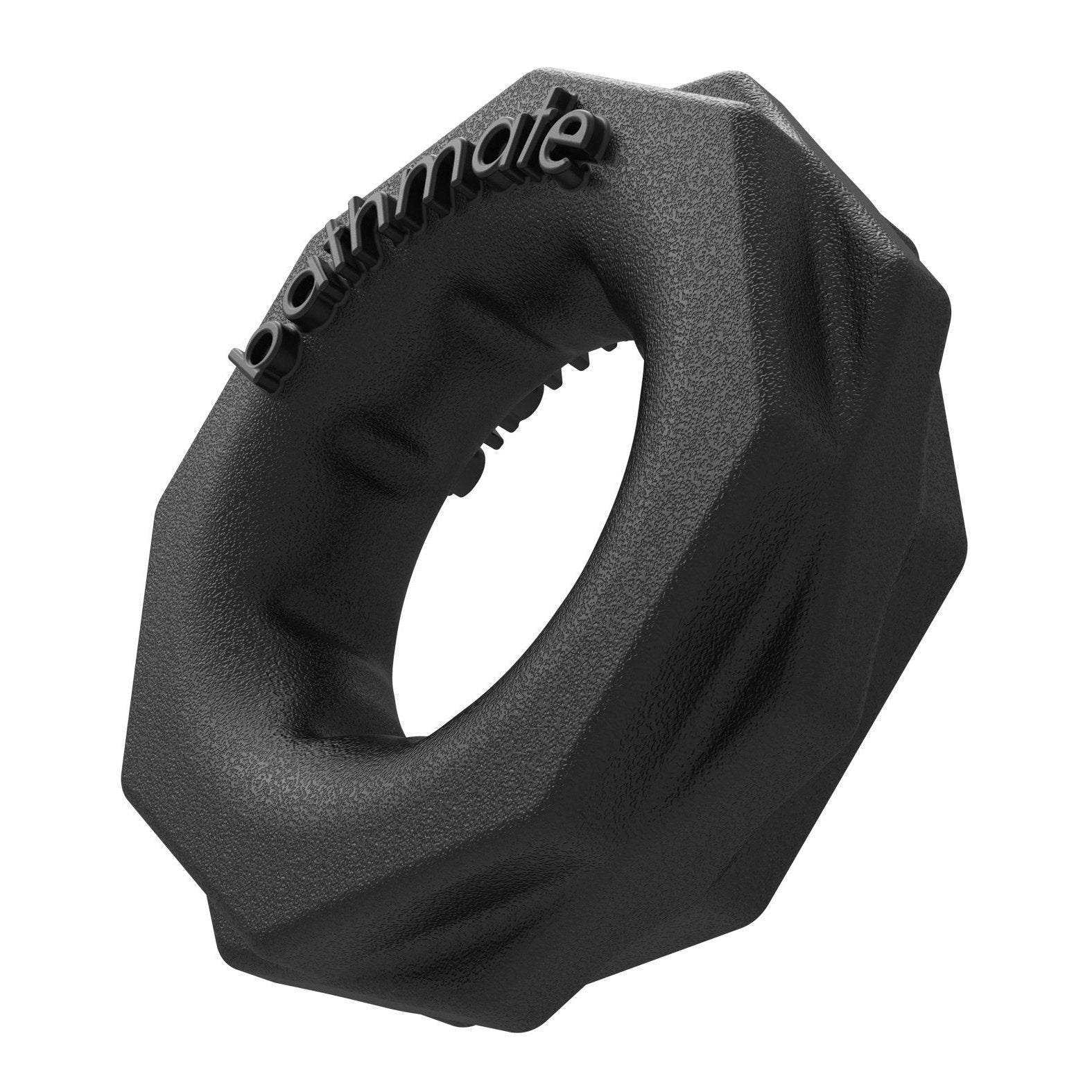 The Bathmate Spartan Cock Ring by Adams Toy Box is a black, textured, octagonal male ring with bathmate imprinted on its surface. It features ergonomic ridges and contours and is made from durable rubber or silicone to enhance performance and hardness.