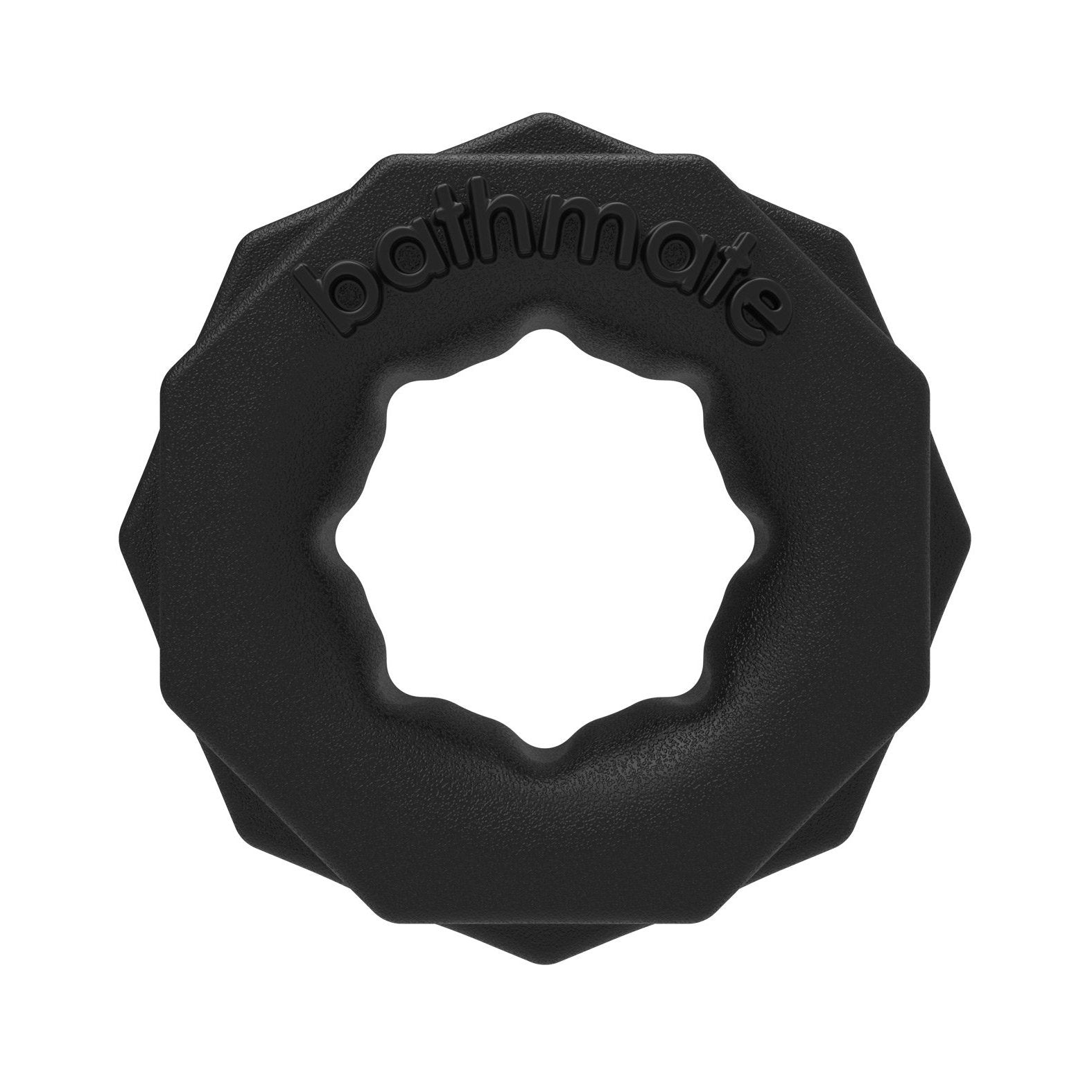 The Bathmate Spartan Cock Ring by Adams Toy Box is a black, textured silicone ring featuring a jagged outer edge and smooth inner circle with bathmate embossed on top. Its geometric, modern design adds sophistication to male rings.