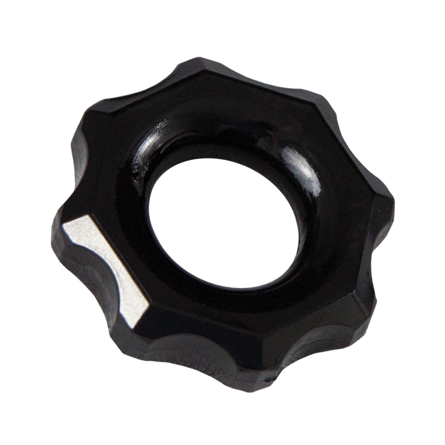 A black Bathmate Spartan Cock Ring from Adams Toy Box, featuring a ridged, gear-like design with a central hole, is set against a white background, evoking the bold style of male rings.