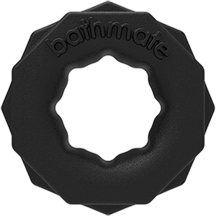 The Bathmate Spartan Cock Ring, offered by Adams Toy Box, features a black rubbery hexagonal design with a central wavy hole. Bathmate is embossed on its slightly rounded edges, making it perfect for those exploring male rings for enhanced performance.