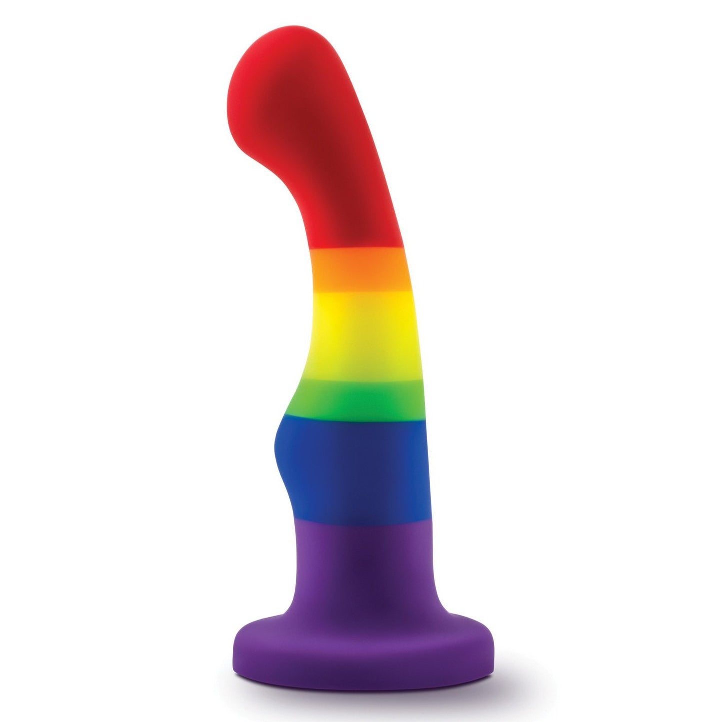 The Blush Avant P1 Silicone Plug - Gay Pride by Blush Novelties is a vibrant, platinum-cured silicone toy with a harness-compatible, curved rainbow-striped shaft and round base. Featuring colors like red, orange, yellow, green, blue, and purple, it celebrates diversity and inclusivity.