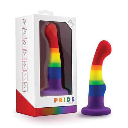 The Blush Avant P1 Silicone Plug - Gay Pride by Blush Novelties is a vibrant, rainbow-striped platinum cured silicone toy. Its box features matching imagery, body-safe and suction base icons. PRIDE is boldly displayed, and its harness compatible, perfect for those seeking artisanal toys.