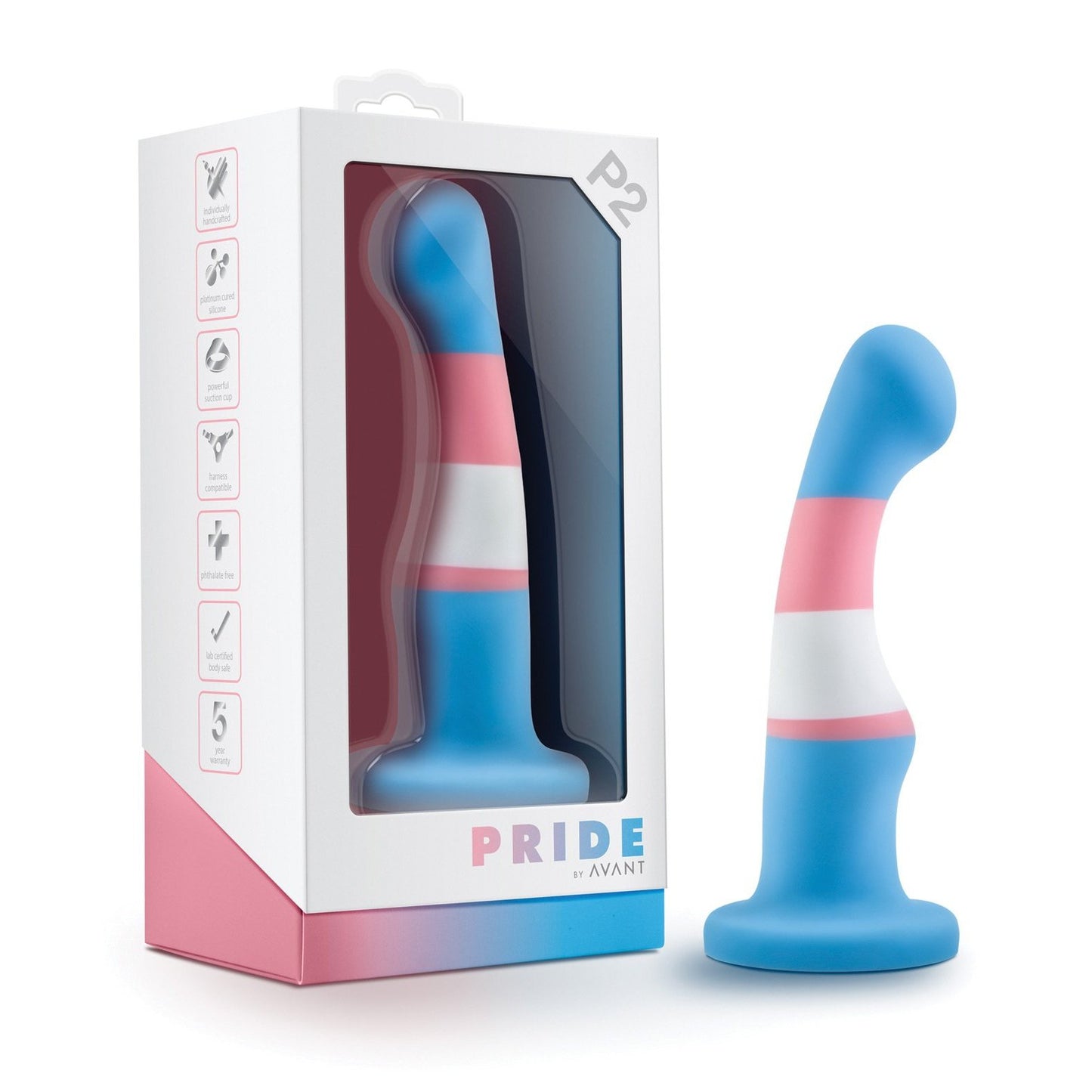 A blue, pink, and white striped silicone dildo is shown next to its box with matching colors and the name Blush Avant P2 Silicone Plug - Trans Pride by Blush Novelties. The packaging highlights features like body-safe and easy to clean.