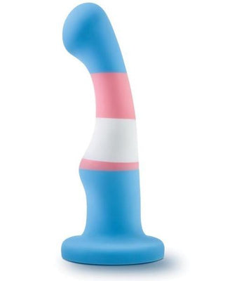 The Blush Avant P2 Silicone Plug - Trans Pride by Blush Novelties is a silicone toy with a curved shape and flared base, showcasing horizontal stripes in blue, pink, and white.