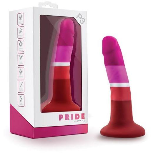 A colorful silicone Plug with red, white, pink, and dark pink stripes is displayed next to packaging labeled Blush Avant P3 Silicone Plug - Lesbian Pride from Blush Novelties, featuring icons of different product features.