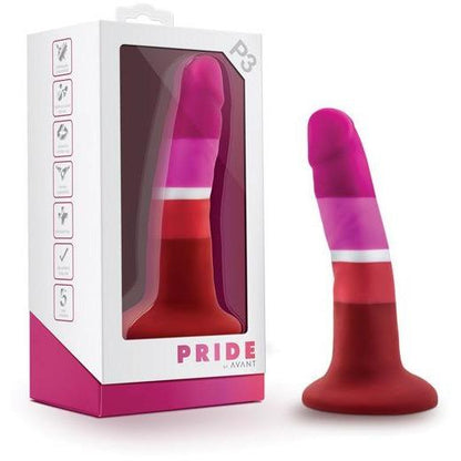 A colorful silicone Plug with red, white, pink, and dark pink stripes is displayed next to packaging labeled Blush Avant P3 Silicone Plug - Lesbian Pride from Blush Novelties, featuring icons of different product features.
