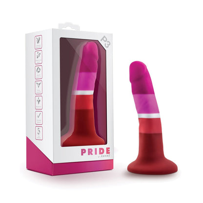 The Blush Avant P3 Silicone Plug - Lesbian Pride by Blush Novelties, showcasing a red and pink gradient, stands beside its packaging box featuring a clear window displaying the toy and symbols indicating features on the side.