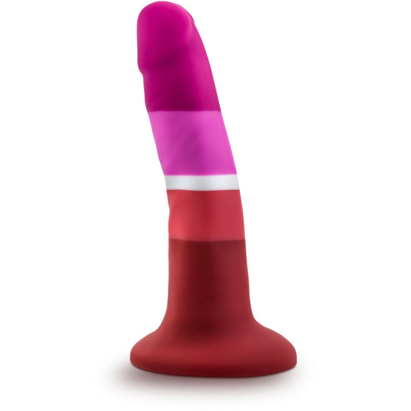 A smooth-textured silicone plug with a rounded base, featuring vertical stripes in blended pink to red hues, the Blush Avant P3 - Lesbian Pride is a colorful product by Blush Novelties.