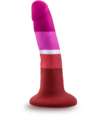A smooth-textured silicone plug with a rounded base, featuring vertical stripes in blended pink to red hues, the Blush Avant P3 - Lesbian Pride is a colorful product by Blush Novelties.